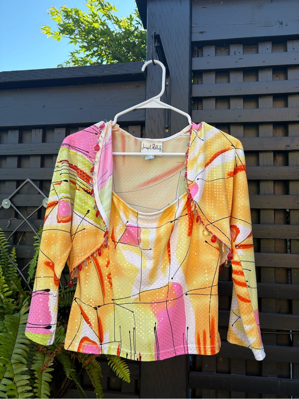 Joseph Ribkoff Vibrant Abstract Scoop Neck Top in Pink, Yellow, Orange